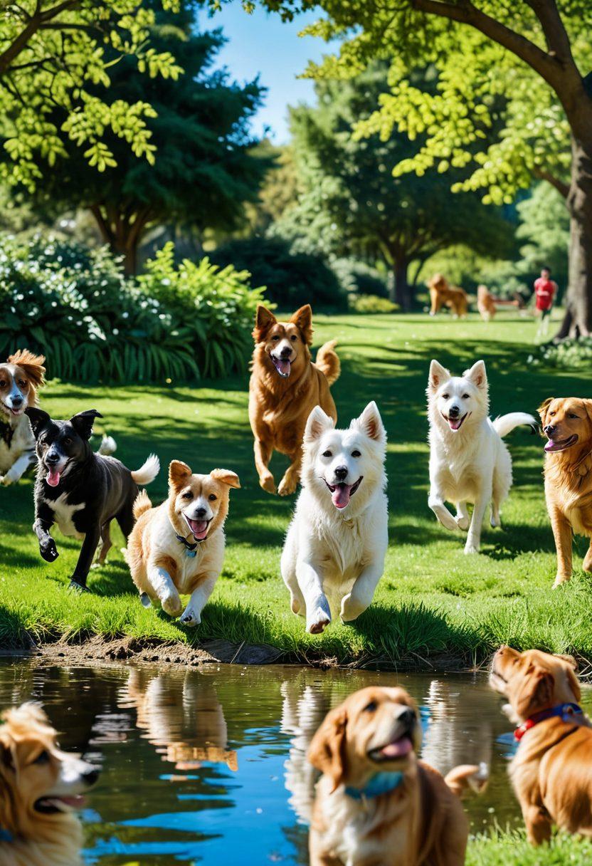 A joyful scene featuring a diverse group of dogs playing in a sunny park, engaging in various activities like agility training, swimming, and socializing with their owners. Surround them with colorful toys and accessories, showing the joy of canine life. Include playful puppies and happy owners sharing laughs and bonding moments. Lush green trees and a clear blue sky in the background, symbolizing freedom and vitality. super-realistic. vibrant colors.