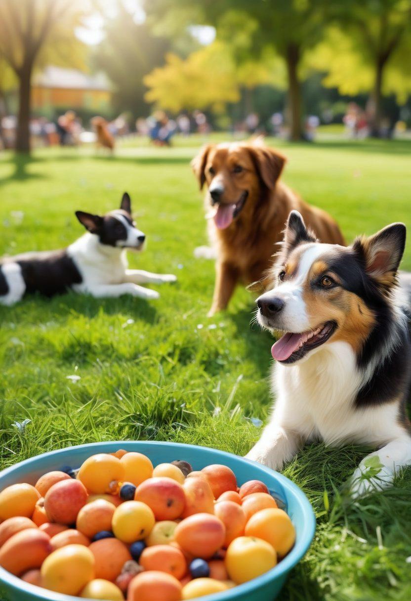 A vibrant scene showcasing a diverse array of healthy dog foods, including fresh fruits, vegetables, and kibble, with happy dogs of various breeds enjoying the feast. The background features a sunny park setting with green grass and playful dogs romping around, emphasizing wellness and happiness. Capture the joy and vitality of pets through the imagery. super-realistic. vibrant colors. sunny atmosphere.